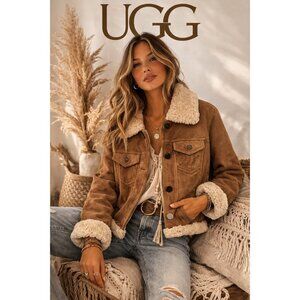 UGG Australia Lola Shearling Jacket Womens M Brown Sheepskin Sherpa Lined Coat